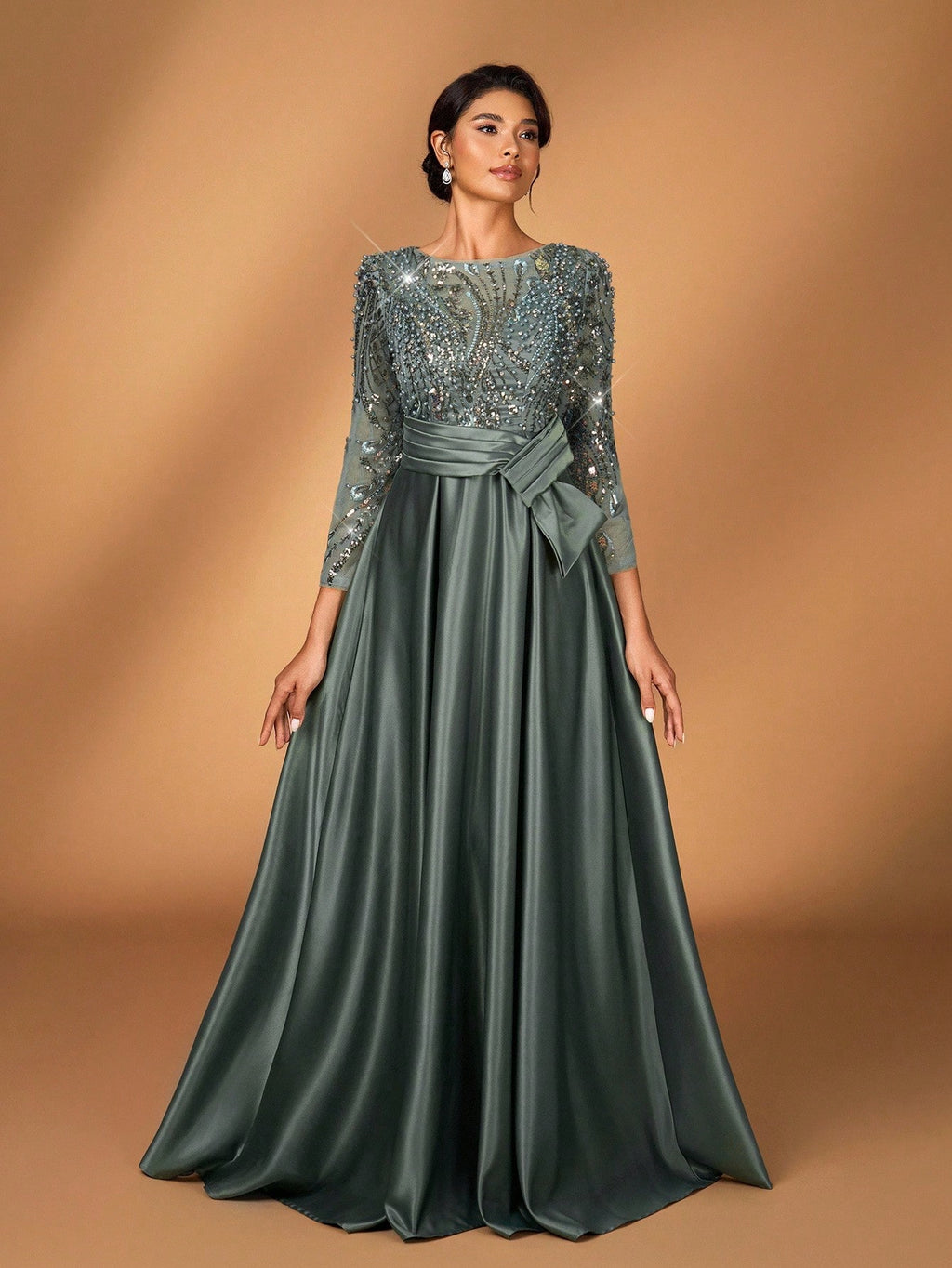 Serin Elegant Luxurious Rosegold Sheer Long Sleeve Embroidered Lace Floral Pearl Bow Flared Winter Formal - image 7
