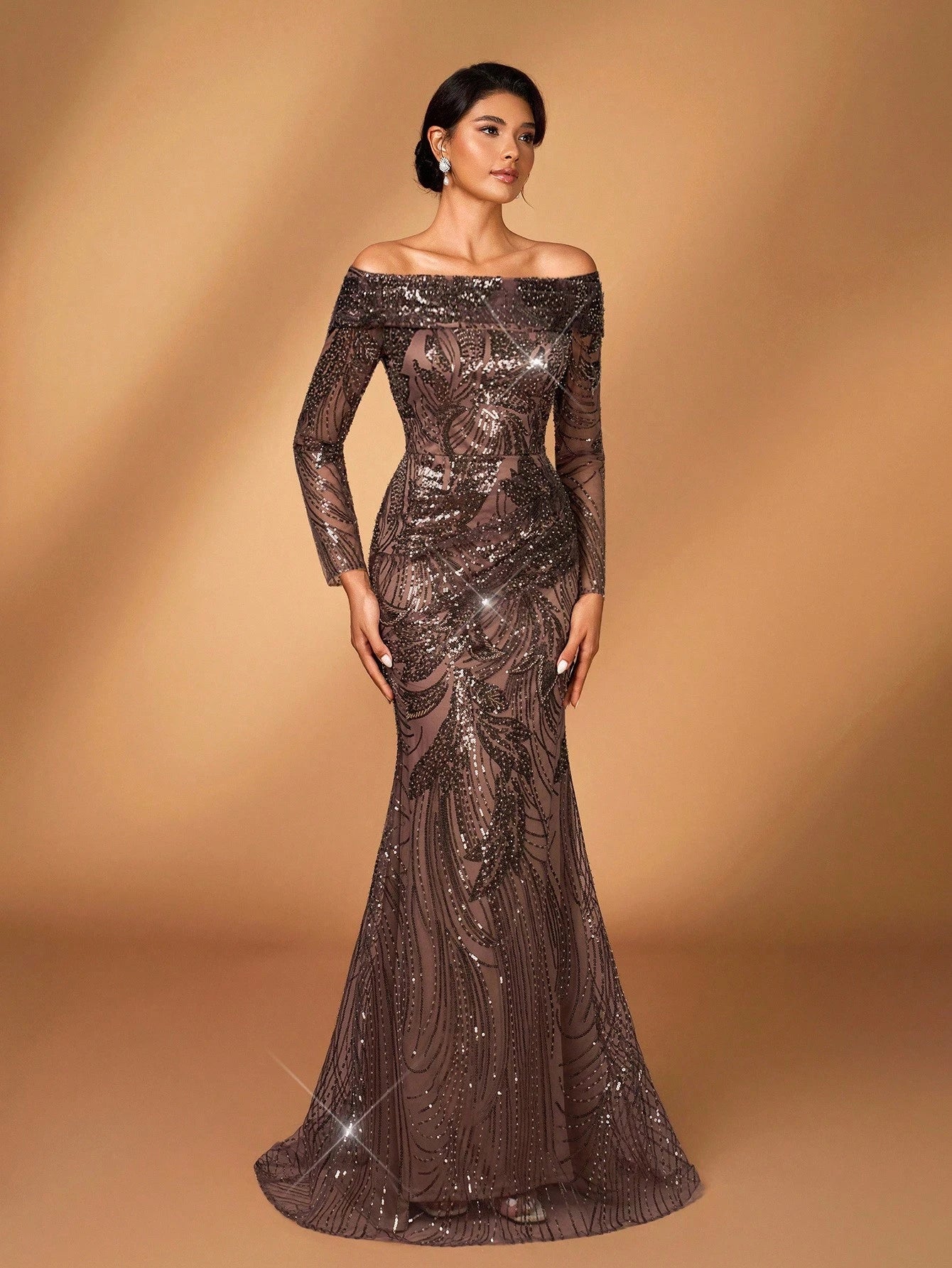 Serin Elegant Pearl & Sequin Floral Off Shoulder Sheer Long Sleeve Mermaid Dress,Shades Of - image 2