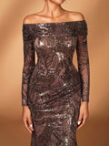 Serin Elegant Pearl & Sequin Floral Off Shoulder Sheer Long Sleeve Mermaid Dress,Shades Of