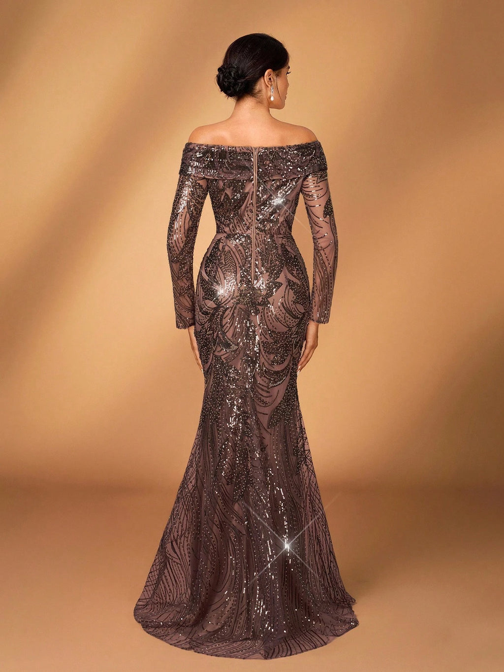 Serin Elegant Pearl & Sequin Floral Off Shoulder Sheer Long Sleeve Mermaid Dress,Shades Of - image 3