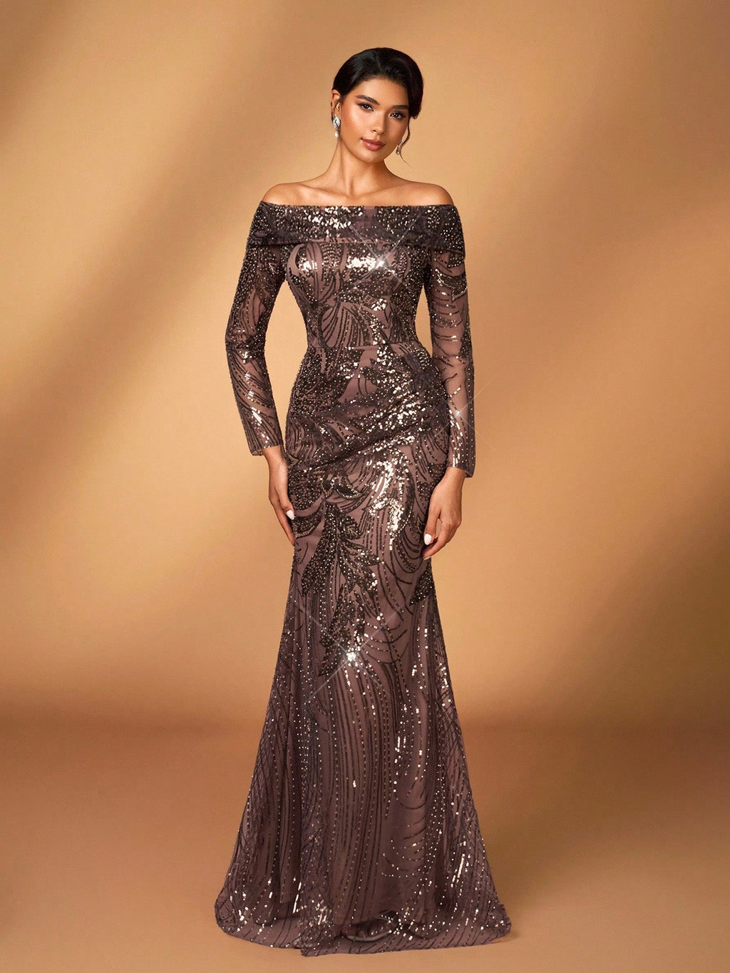 Serin Elegant Pearl & Sequin Floral Off Shoulder Sheer Long Sleeve Mermaid Dress,Shades Of - image 4
