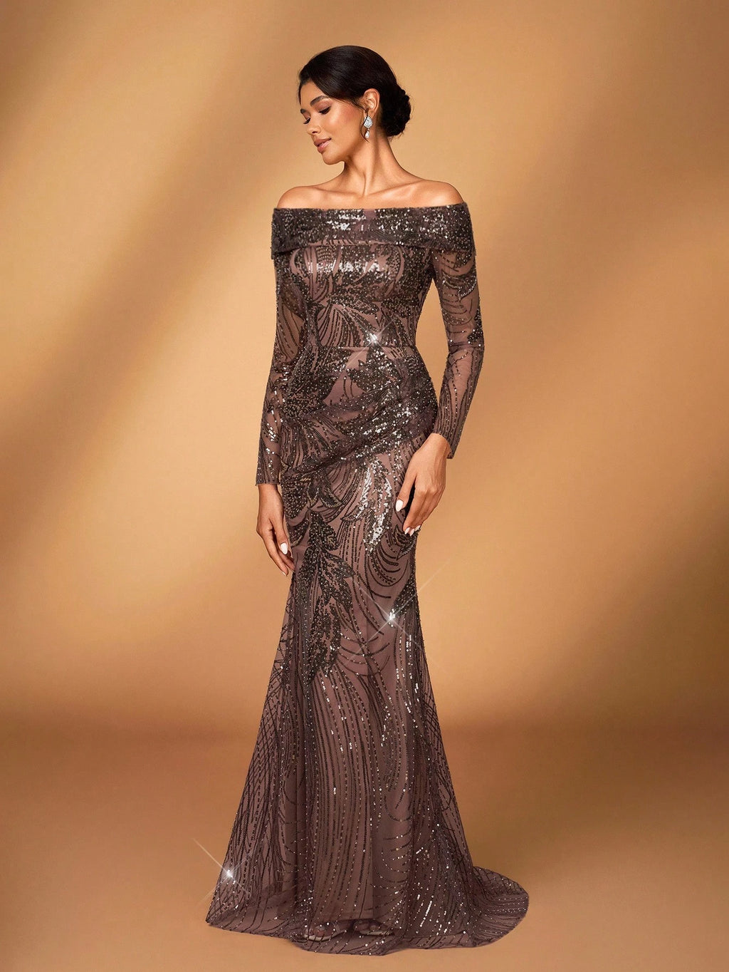 Serin Elegant Pearl & Sequin Floral Off Shoulder Sheer Long Sleeve Mermaid Dress,Shades Of - image 6