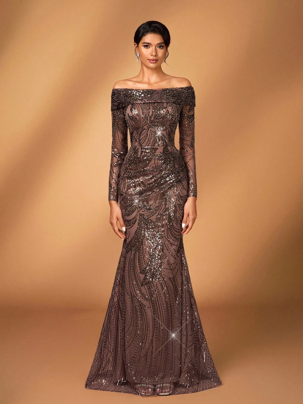 Serin Elegant Pearl & Sequin Floral Off Shoulder Sheer Long Sleeve Mermaid Dress,Shades Of - image 7