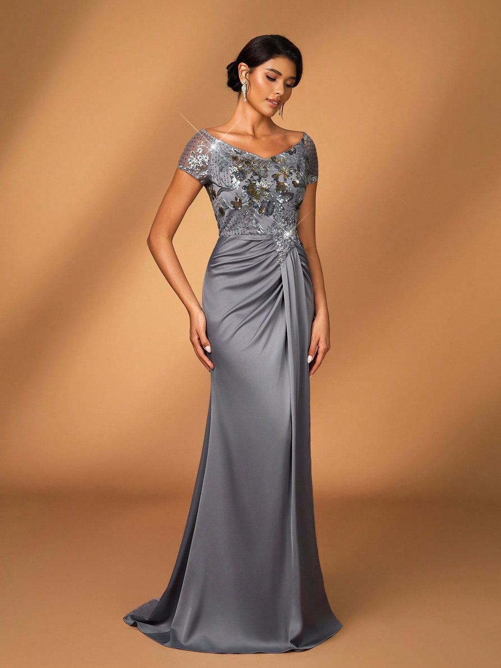 Serin Elegant Luxurious Gold Winter Formal Evening Wedding Mother Of The Bride Dress,Embroidered Faux Pearl - image 2