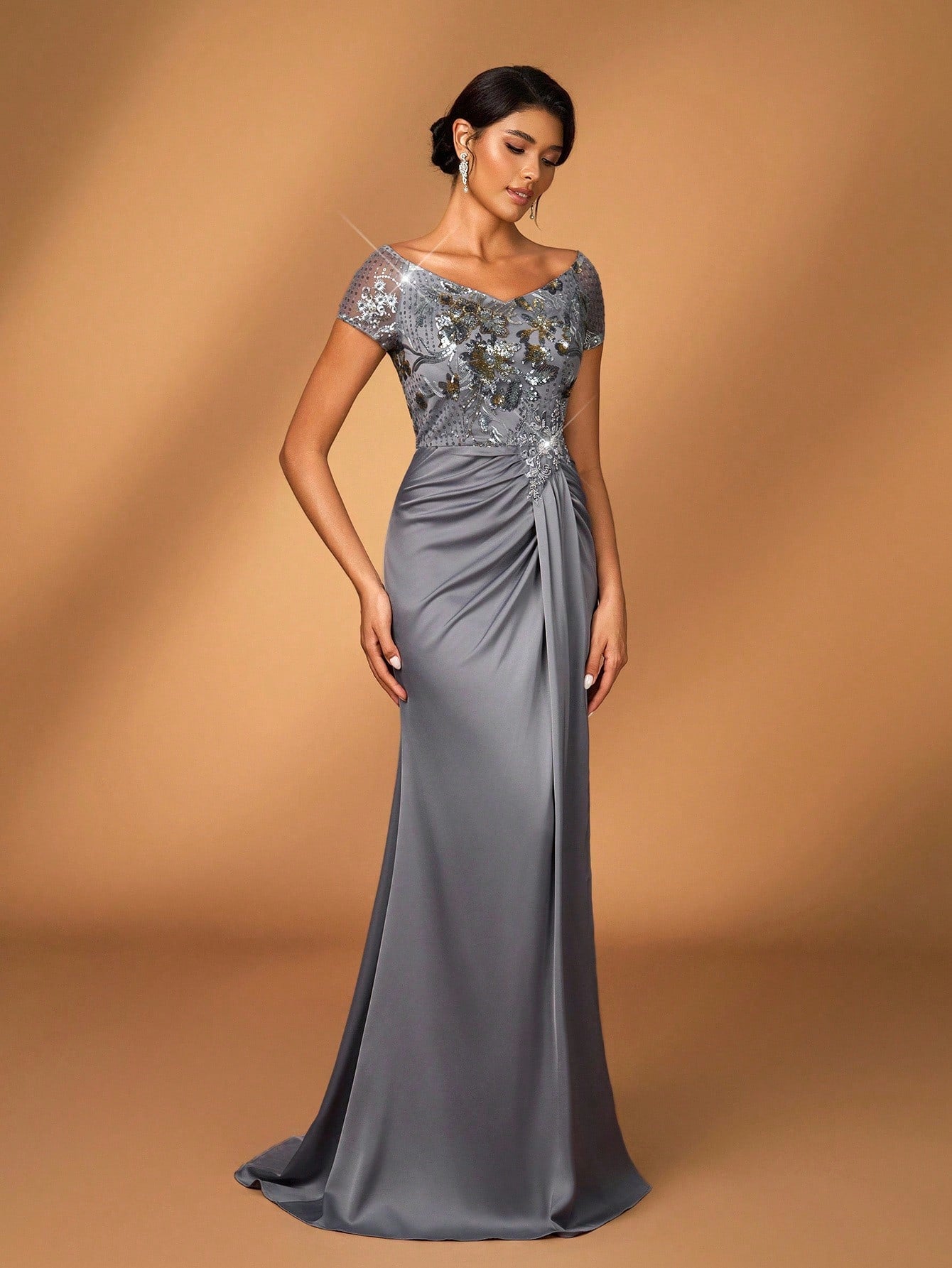 Serin Elegant Luxurious Gold Winter Formal Evening Wedding Mother Of The Bride Dress,Embroidered Faux Pearl - image 2