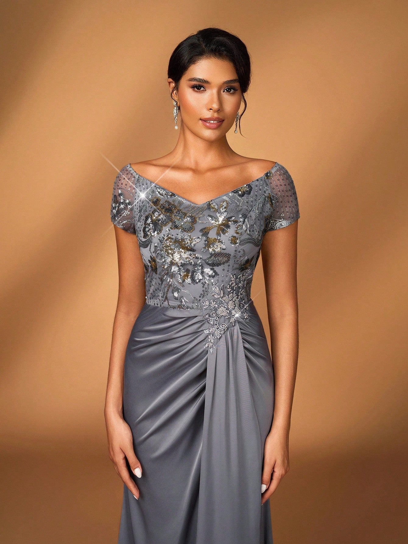 Serin Elegant Luxurious Gold Winter Formal Evening Wedding Mother Of The Bride Dress,Embroidered Faux Pearl - image 3