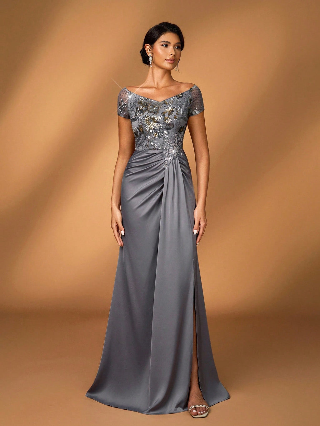 Serin Elegant Luxurious Gold Winter Formal Evening Wedding Mother Of The Bride Dress,Embroidered Faux Pearl - image 7