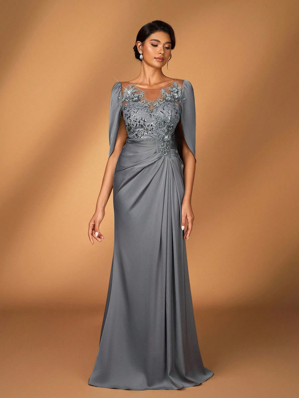 Serin Elegant Luxurious Embroidered Lace & Sequin Patchwork Elastic Satin Ruffle Sleeve Mermaid Hem - image 2