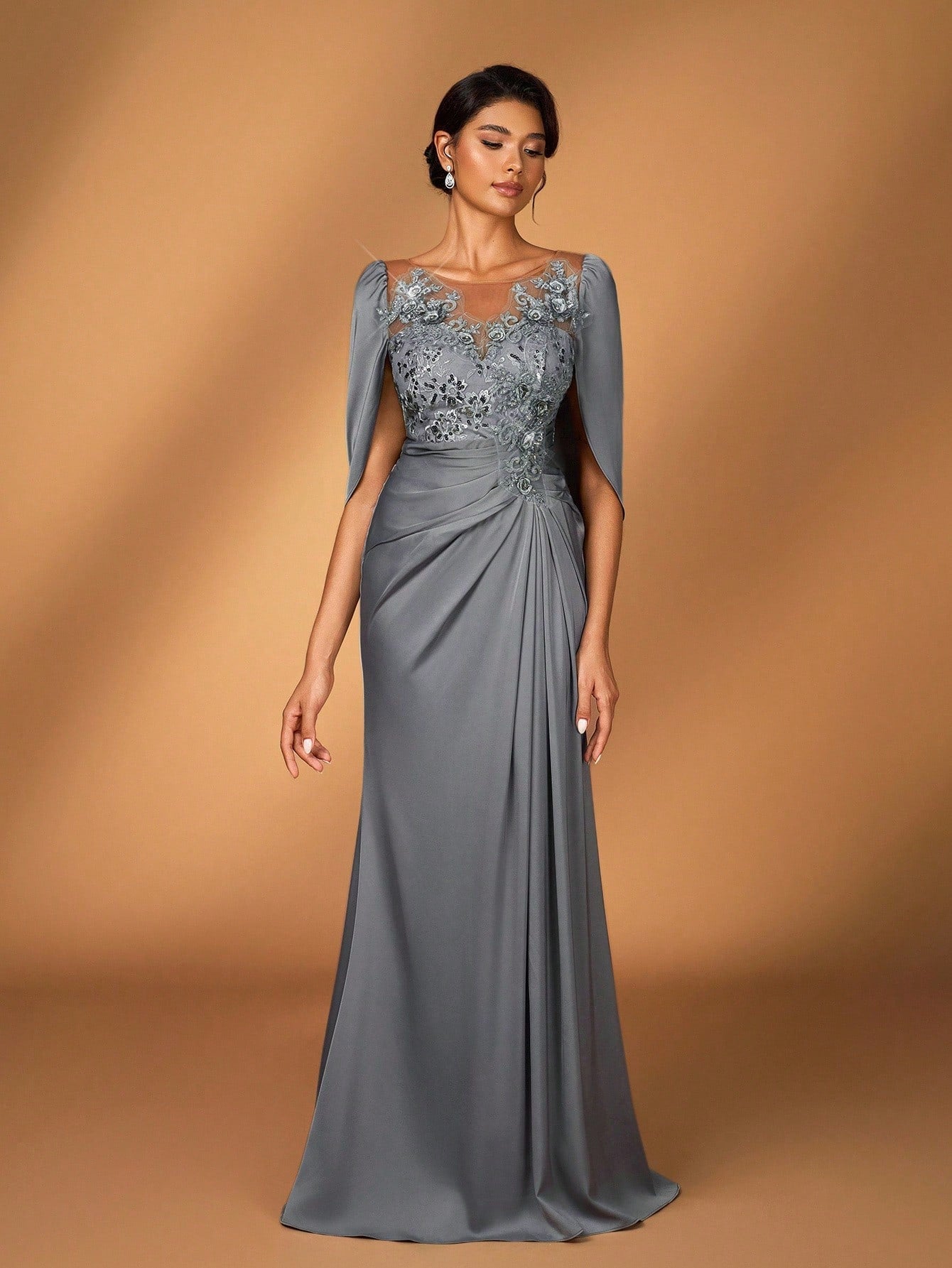 Serin Elegant Luxurious Embroidered Lace & Sequin Patchwork Elastic Satin Ruffle Sleeve Mermaid Hem - image 2