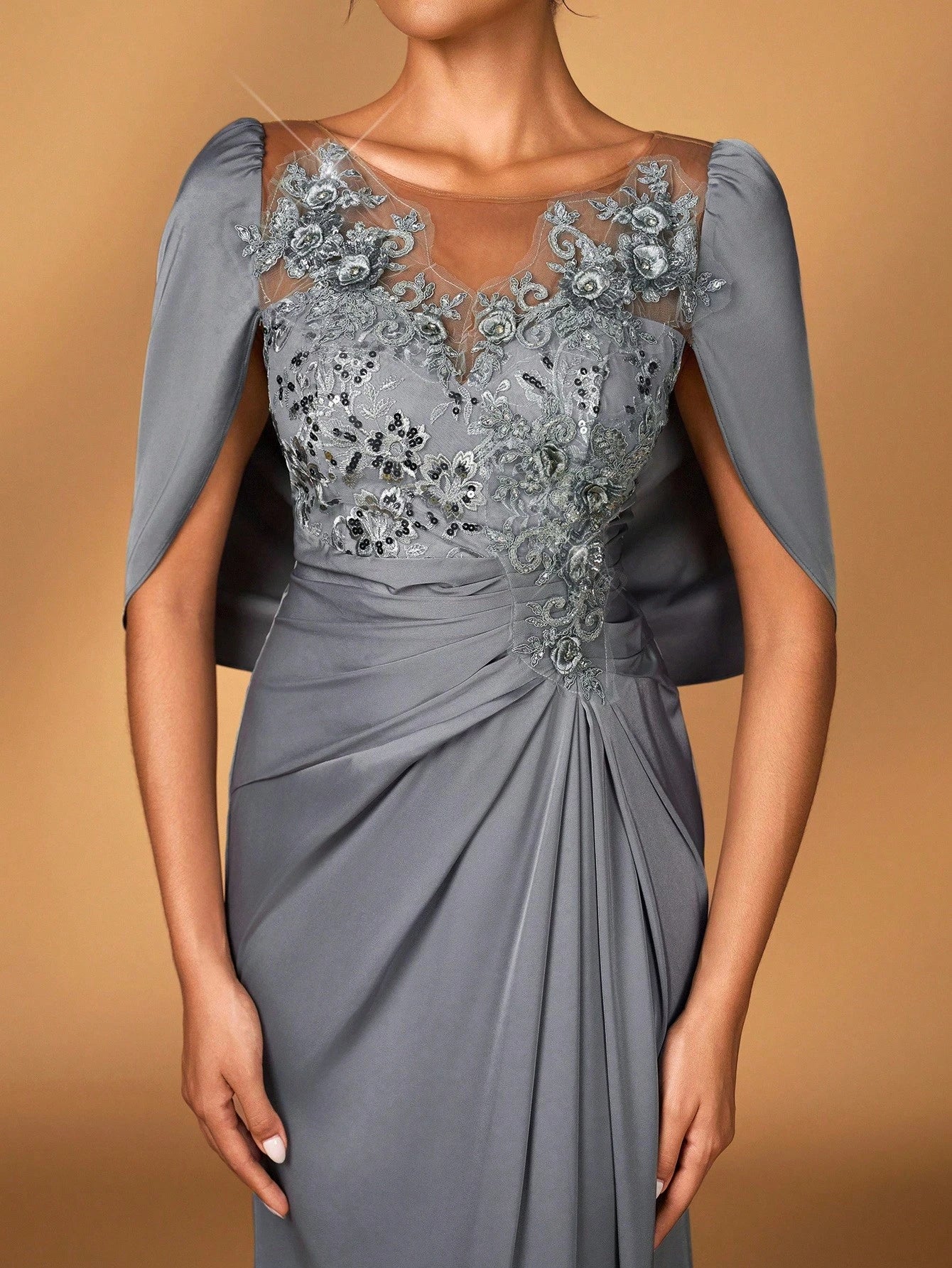 Serin Elegant Luxurious Embroidered Lace & Sequin Patchwork Elastic Satin Ruffle Sleeve Mermaid Hem