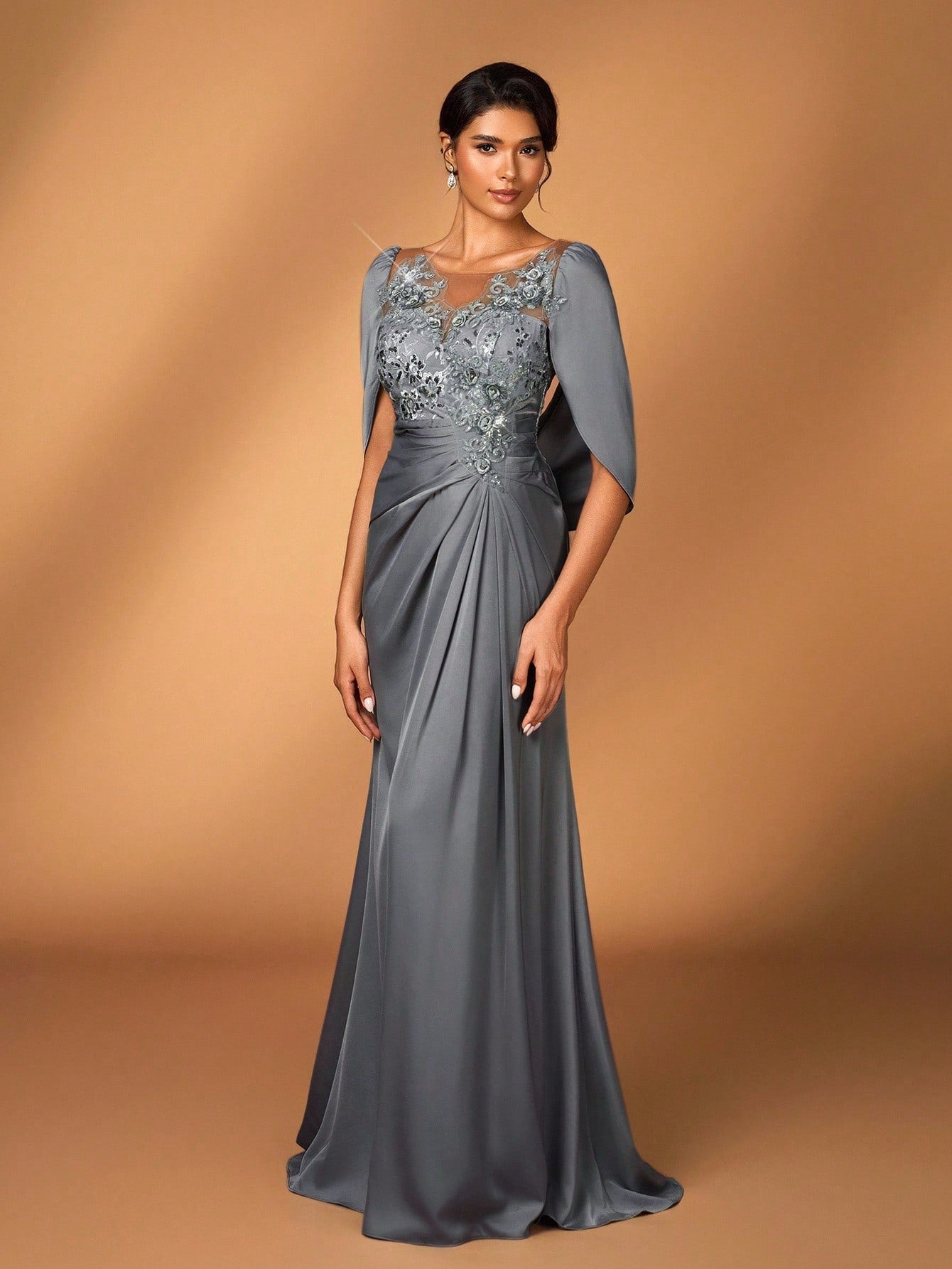 Serin Elegant Luxurious Embroidered Lace & Sequin Patchwork Elastic Satin Ruffle Sleeve Mermaid Hem - image 5