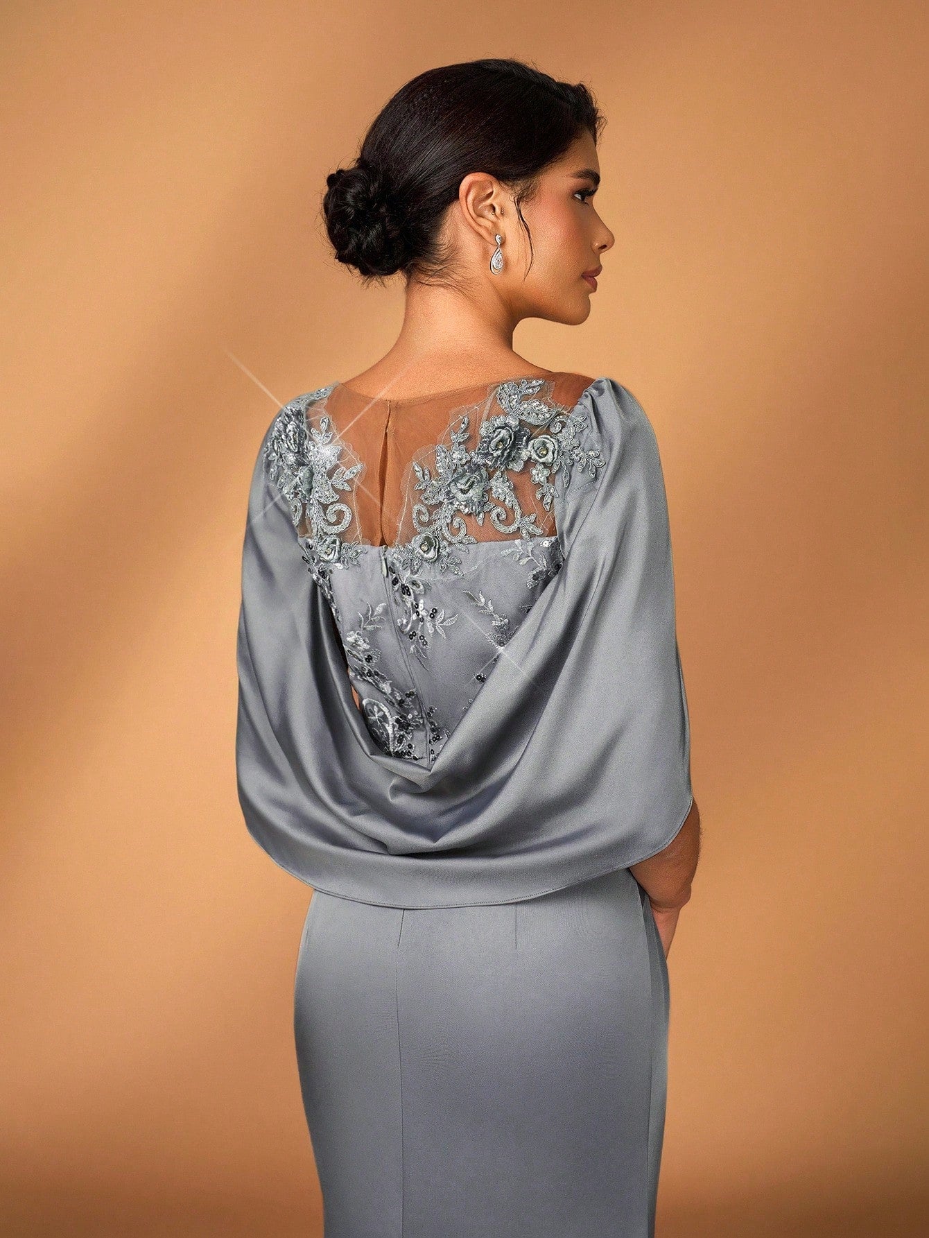 Serin Elegant Luxurious Embroidered Lace & Sequin Patchwork Elastic Satin Ruffle Sleeve Mermaid Hem - image 3
