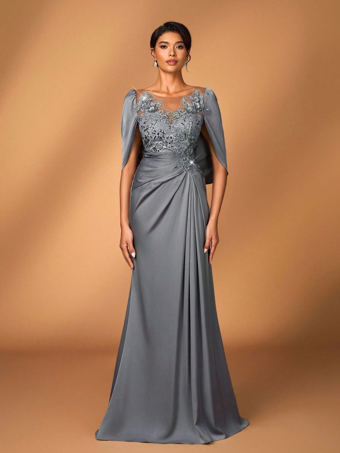 Serin Elegant Luxurious Embroidered Lace & Sequin Patchwork Elastic Satin Ruffle Sleeve Mermaid Hem - image 6
