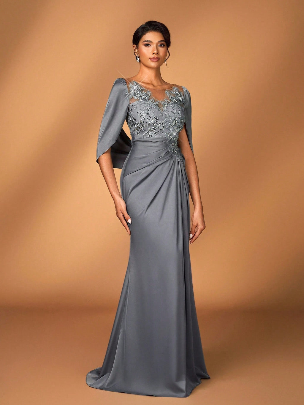 Serin Elegant Luxurious Embroidered Lace & Sequin Patchwork Elastic Satin Ruffle Sleeve Mermaid Hem - image 7