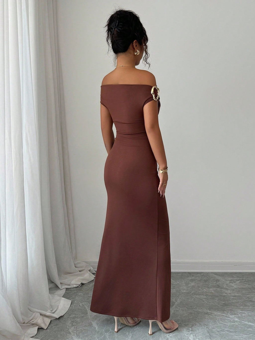 Rafferiza Elegant Ruched Off-Shoulder Metallic Accent Fitted Party Dress For Women - image 10