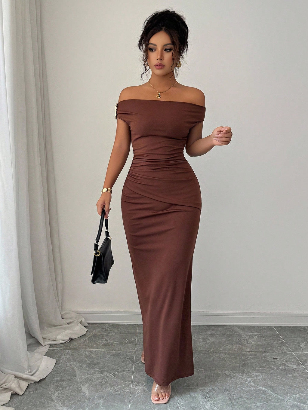 Rafferiza Elegant Ruched Off-Shoulder Metallic Accent Fitted Party Dress For Women - image 19