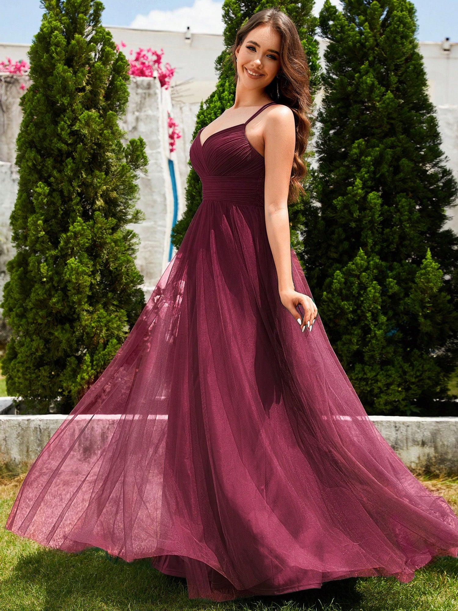 EVERPRETTY Elegant Lace Contrast Mesh Backless Pink Bridesmaid Dress,
