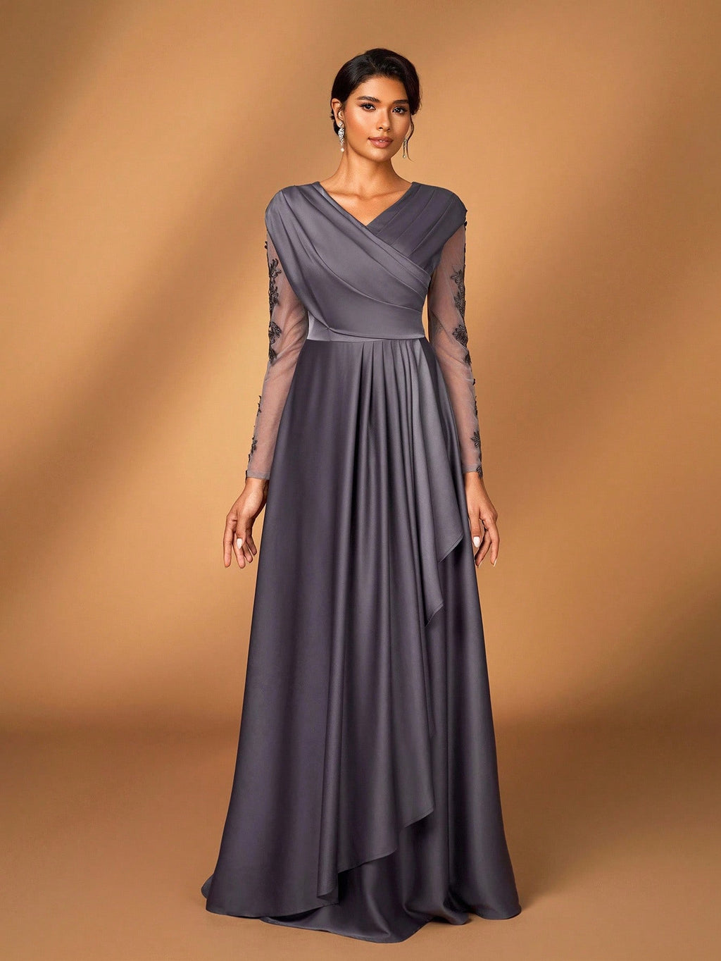 Serin Women's Elegant Luxurious Satin Patchwork Mesh Draped Neck Applique A-Line Asymmetric Dress,Dusty - image 11