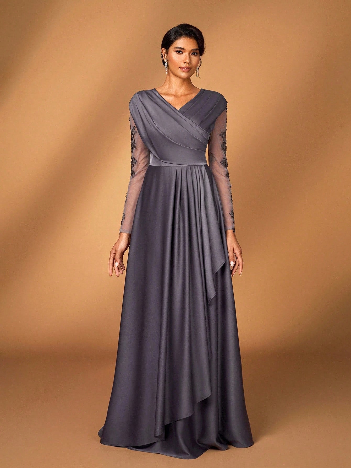 Serin Women's Elegant Luxurious Satin Patchwork Mesh Draped Neck Applique A-Line Asymmetric Dress,Dusty - image 11