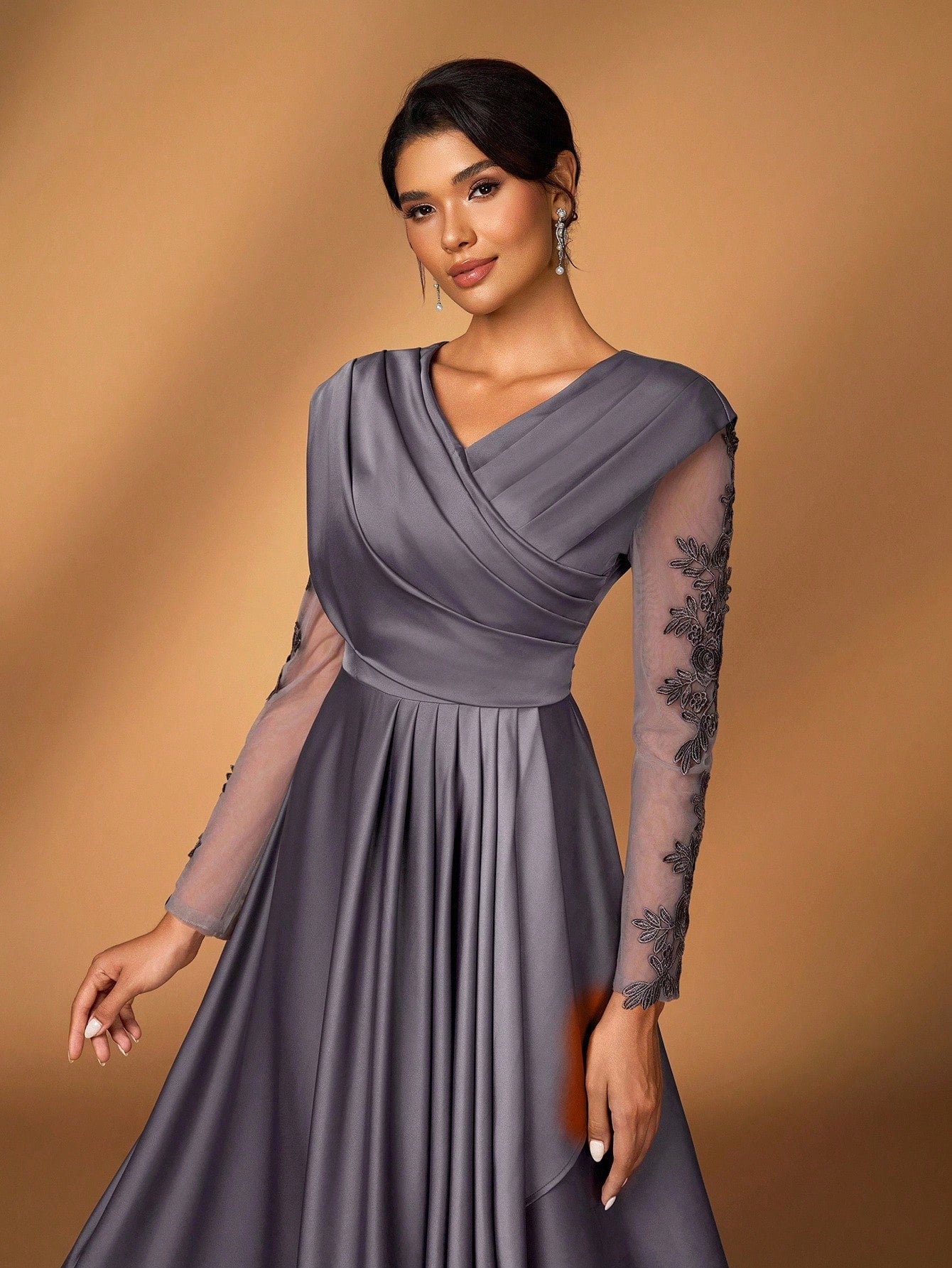 Serin Women's Elegant Luxurious Satin Patchwork Mesh Draped Neck Applique A-Line Asymmetric Dress,Dusty - image 8