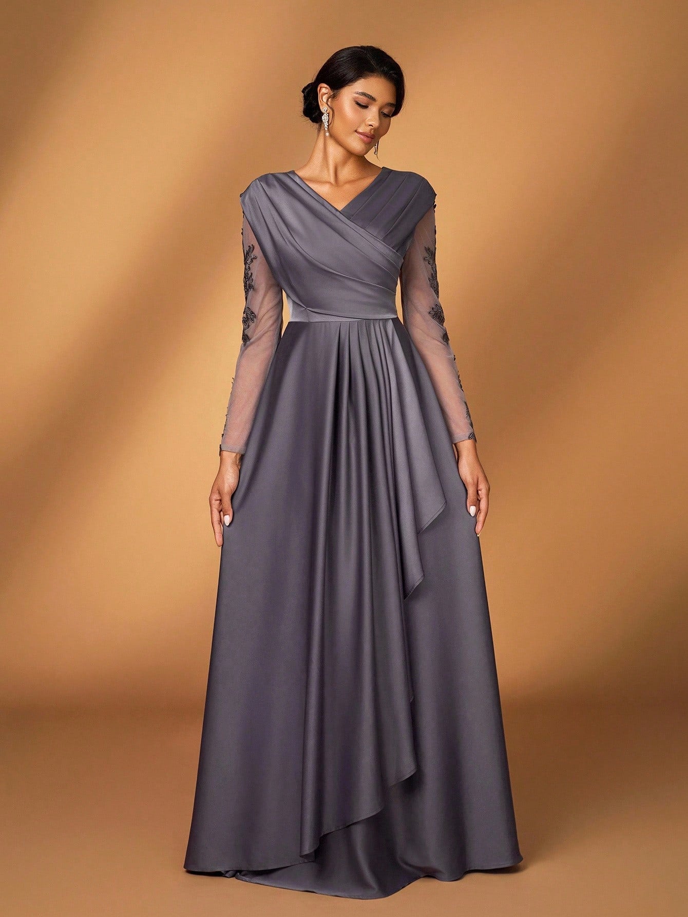 Serin Women's Elegant Luxurious Satin Patchwork Mesh Draped Neck Applique A-Line Asymmetric Dress,Dusty - image 12