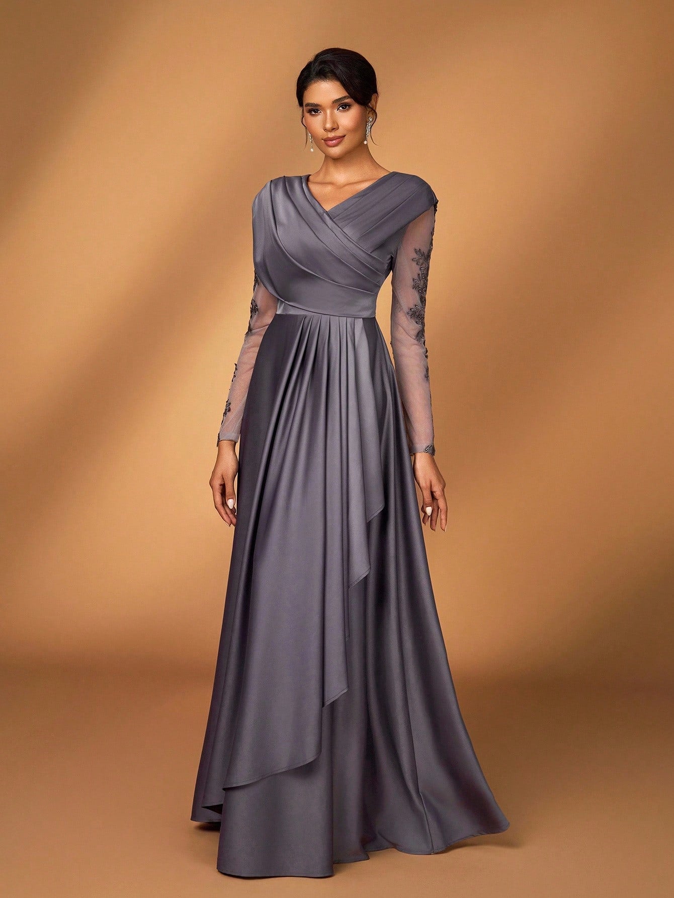 Serin Women's Elegant Luxurious Satin Patchwork Mesh Draped Neck Applique A-Line Asymmetric Dress,Dusty - image 9