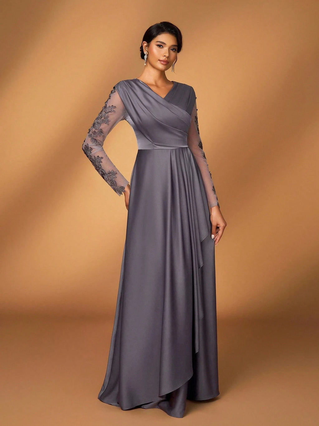 Serin Women's Elegant Luxurious Satin Patchwork Mesh Draped Neck Applique A-Line Asymmetric Dress,Dusty - image 13