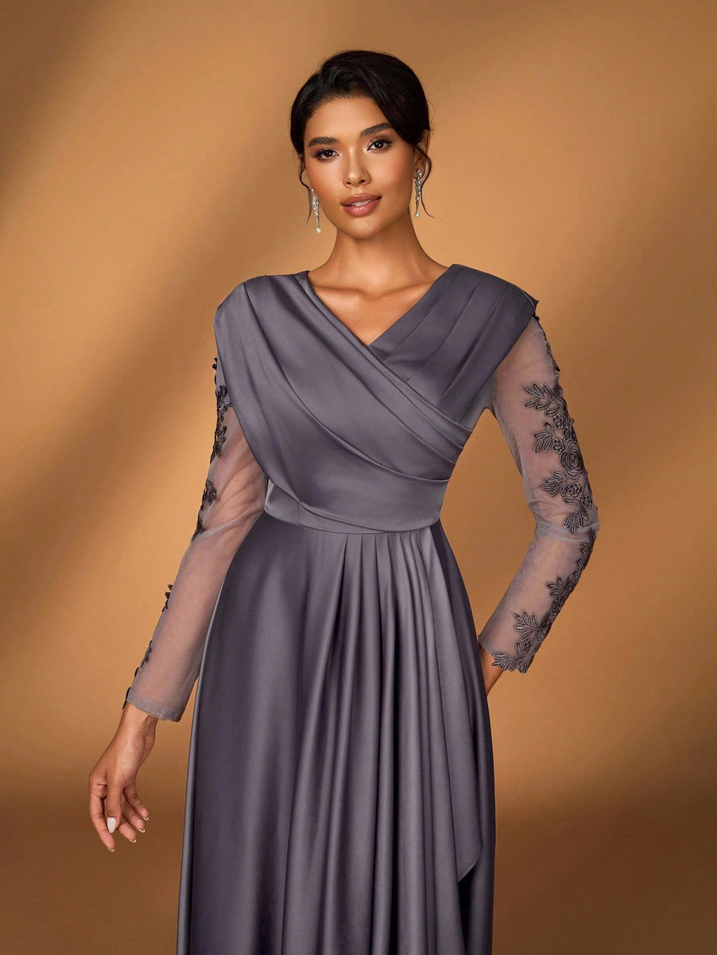 Serin Women's Elegant Luxurious Satin Patchwork Mesh Draped Neck Applique A-Line Asymmetric Dress,Dusty - image 14