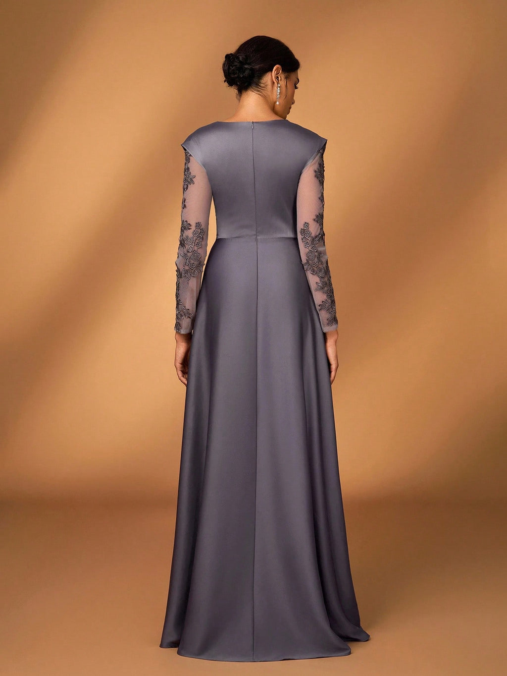 Serin Women's Elegant Luxurious Satin Patchwork Mesh Draped Neck Applique A-Line Asymmetric Dress,Dusty - image 10