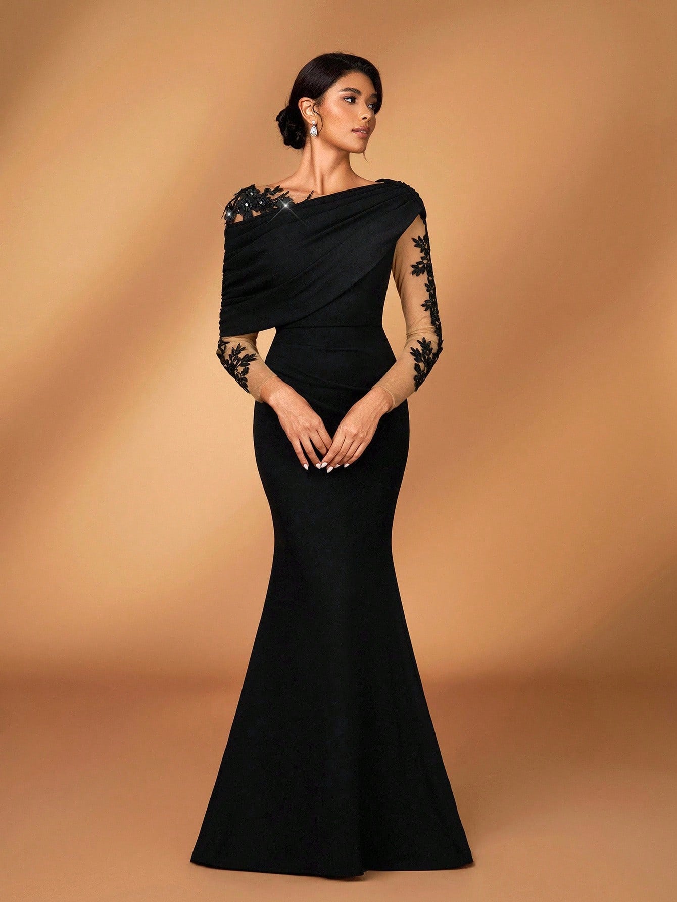 Serin Elegant Burgundy Summer Elastic Knit Contrast Mesh Asymmetric Shoulder Mermaid Hem Dress,Suitable For - image 11