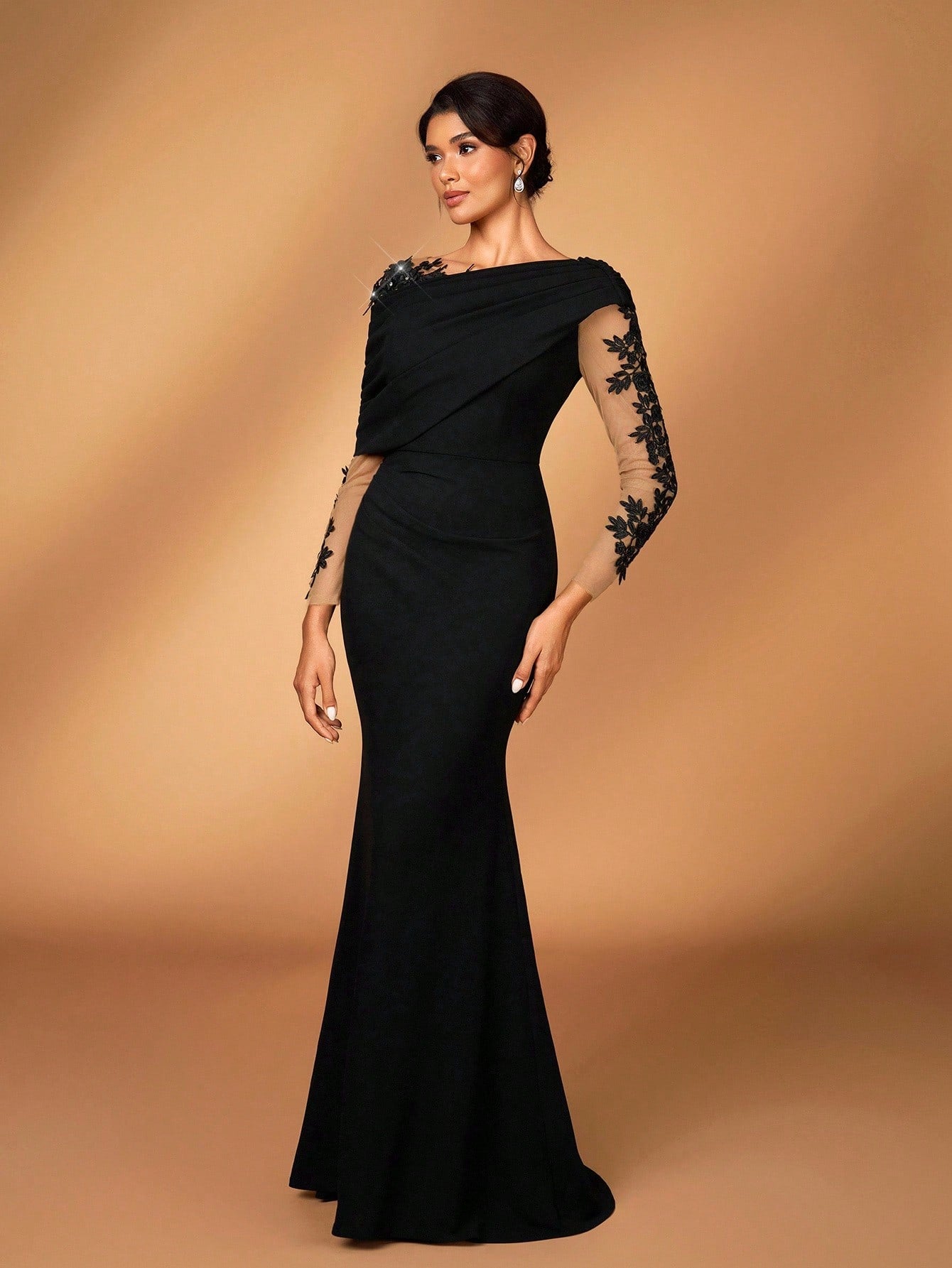 Serin Elegant Burgundy Summer Elastic Knit Contrast Mesh Asymmetric Shoulder Mermaid Hem Dress,Suitable For - image 12