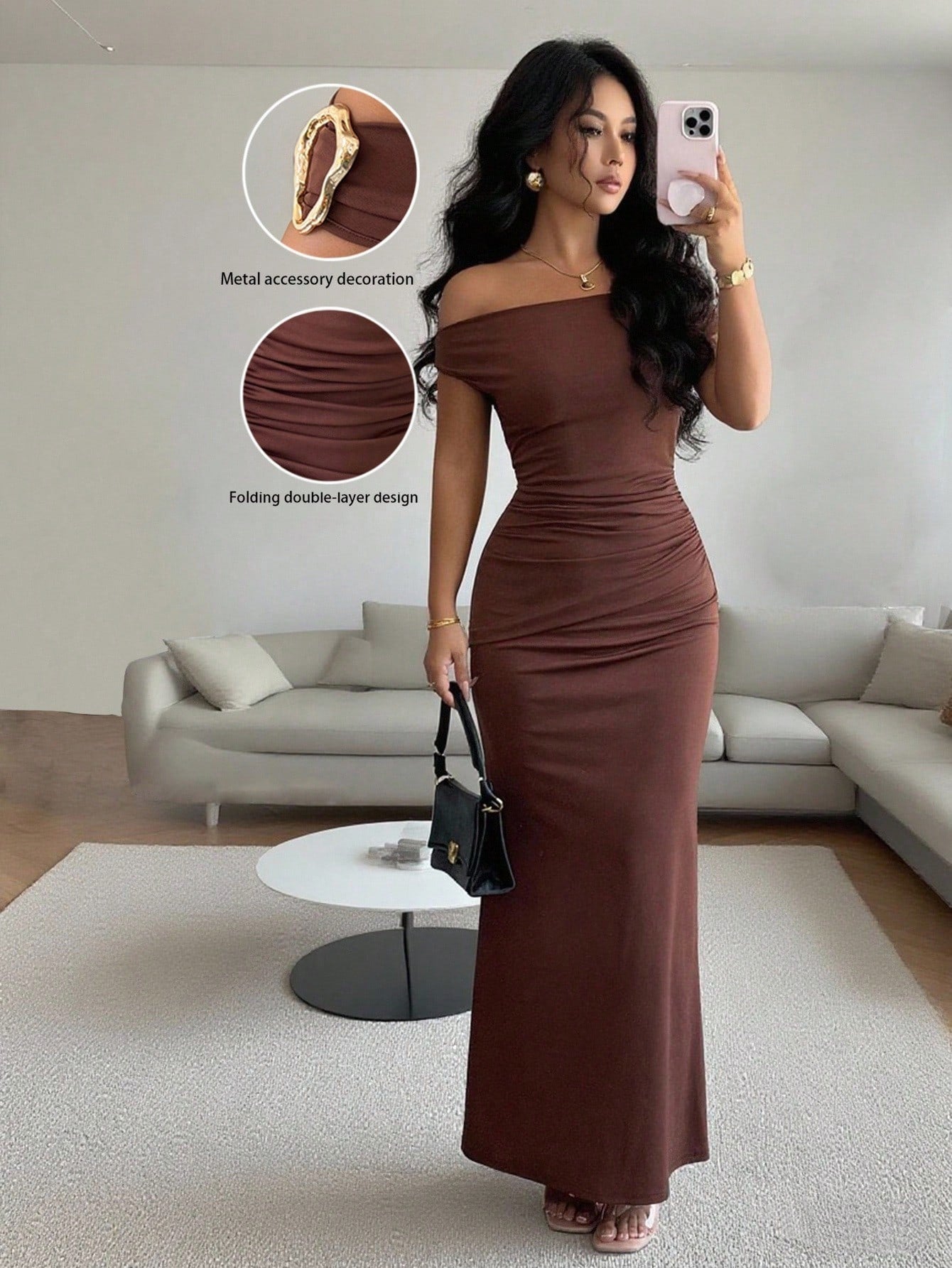 Rafferiza Elegant Ruched Off-Shoulder Metallic Accent Fitted Party Dress For Women - image 9