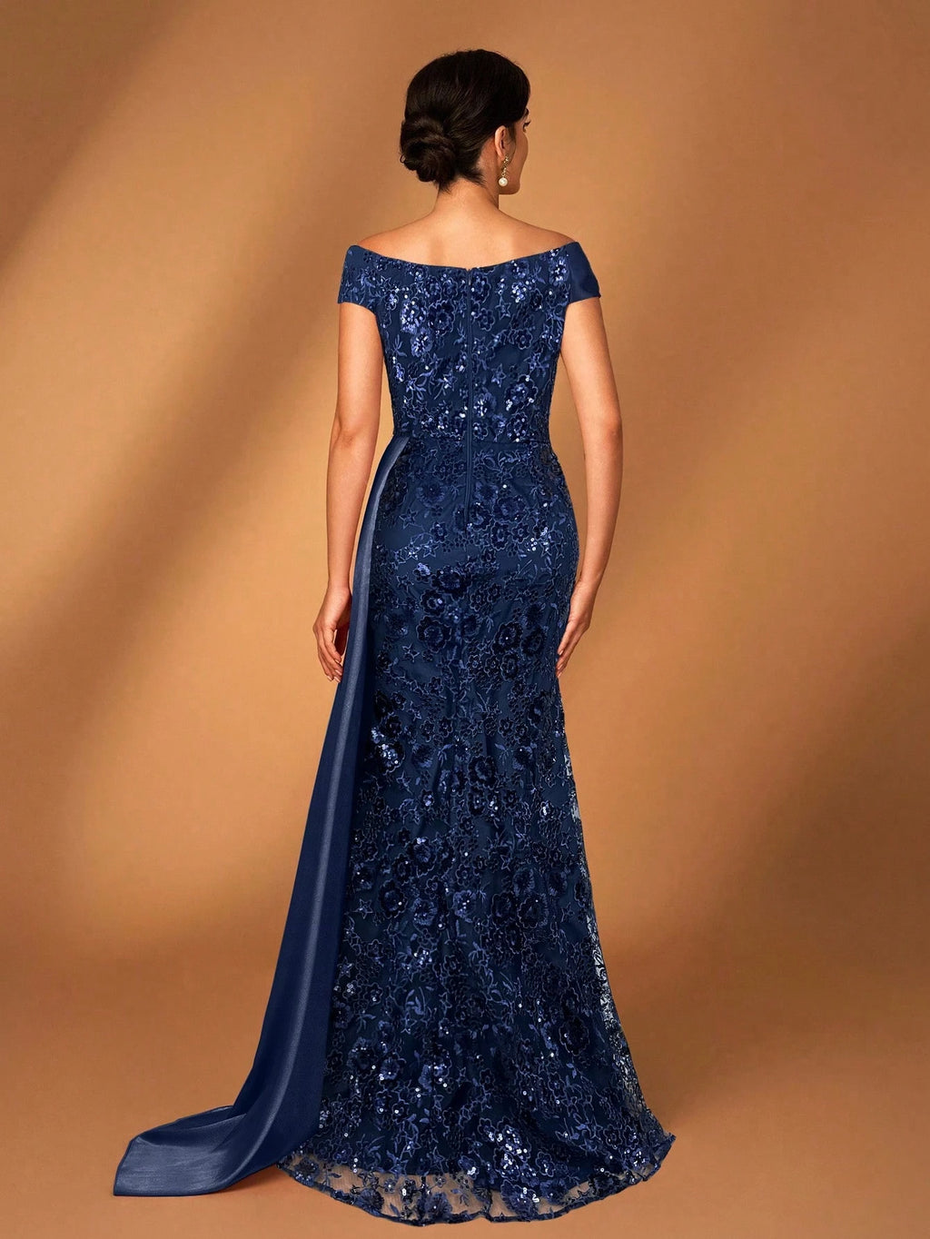 Serin Navy Blue Summer Elegant Evening Wedding Dress,Off Shoulder Embroidered Sequin Lace Patchwork Satin - image 2
