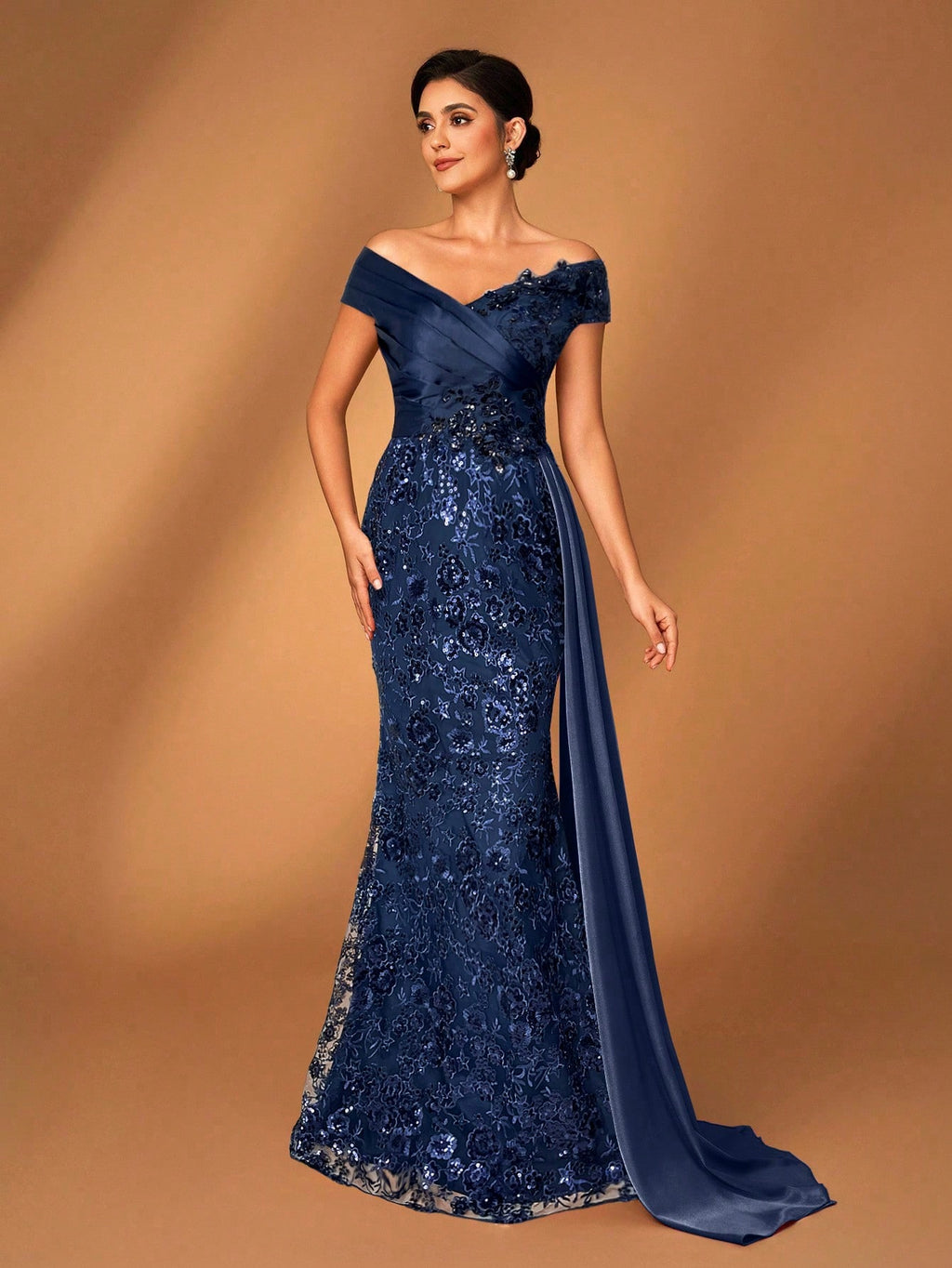 Serin Navy Blue Summer Elegant Evening Wedding Dress,Off Shoulder Embroidered Sequin Lace Patchwork Satin - image 3