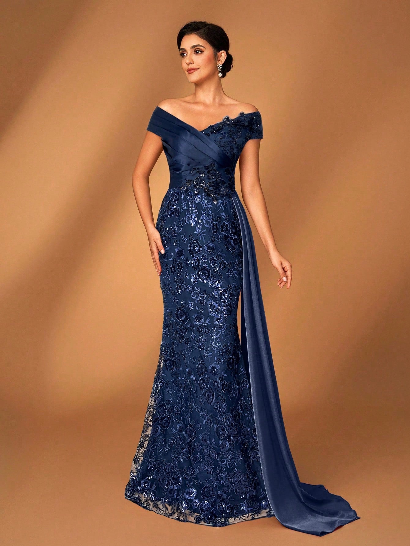 Serin Navy Blue Summer Elegant Evening Wedding Dress,Off Shoulder Embroidered Sequin Lace Patchwork Satin - image 3