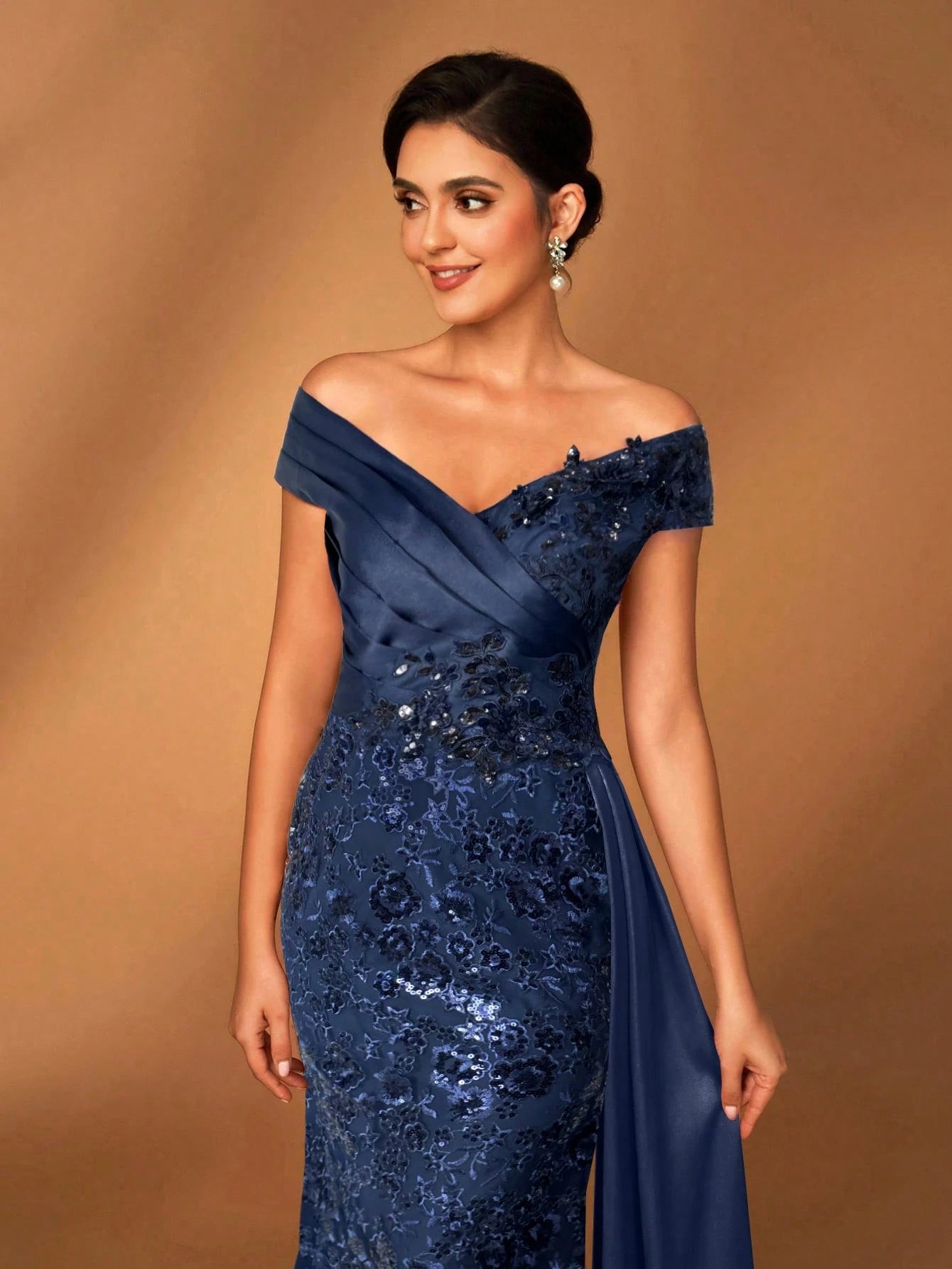 Serin Navy Blue Summer Elegant Evening Wedding Dress,Off Shoulder Embroidered Sequin Lace Patchwork Satin - image 4