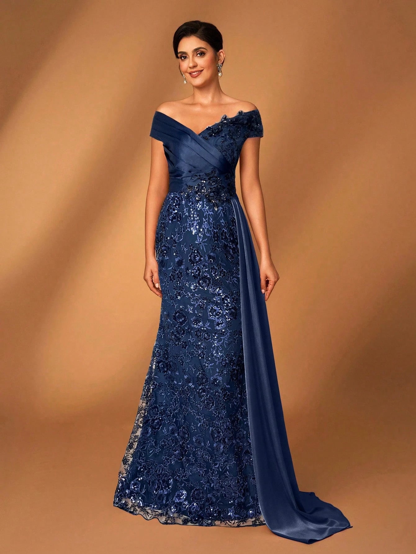 Serin Navy Blue Summer Elegant Evening Wedding Dress,Off Shoulder Embroidered Sequin Lace Patchwork Satin - image 5