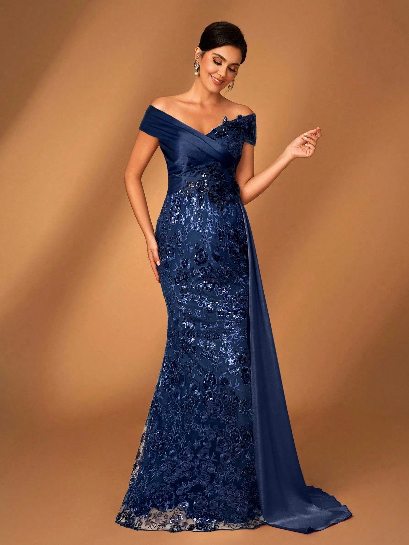 Serin Navy Blue Summer Elegant Evening Wedding Dress,Off Shoulder Embroidered Sequin Lace Patchwork Satin - image 6