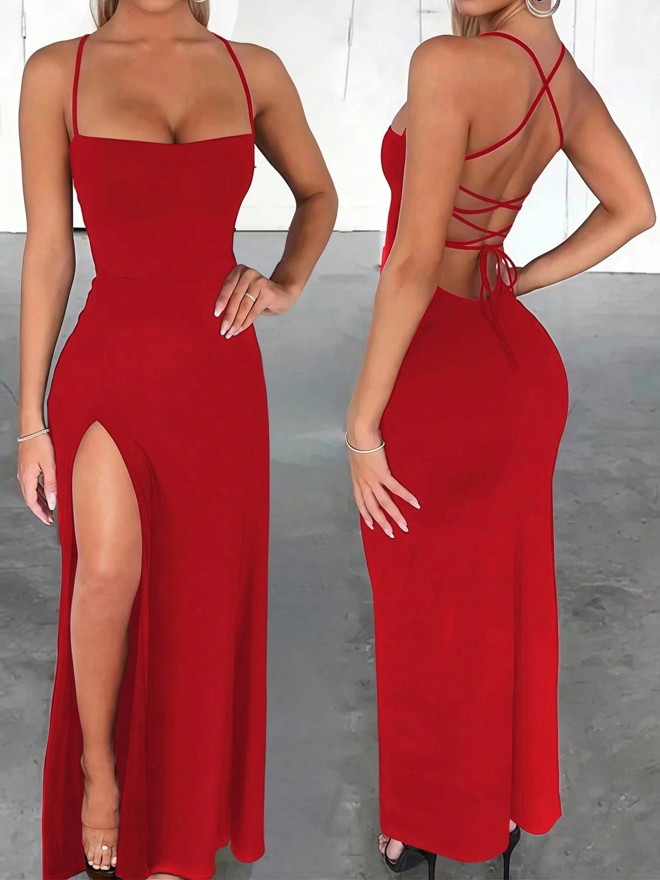 Zyxie Fitted Sexy Elegant High Slit Criss-Cross Strap Tie-Up Long Dress For Women Party Brown Summer - image 4