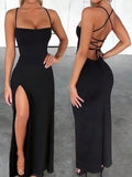 Zyxie Fitted Sexy Elegant High Slit Criss-Cross Strap Tie-Up Long Dress For Women Party Brown Summer