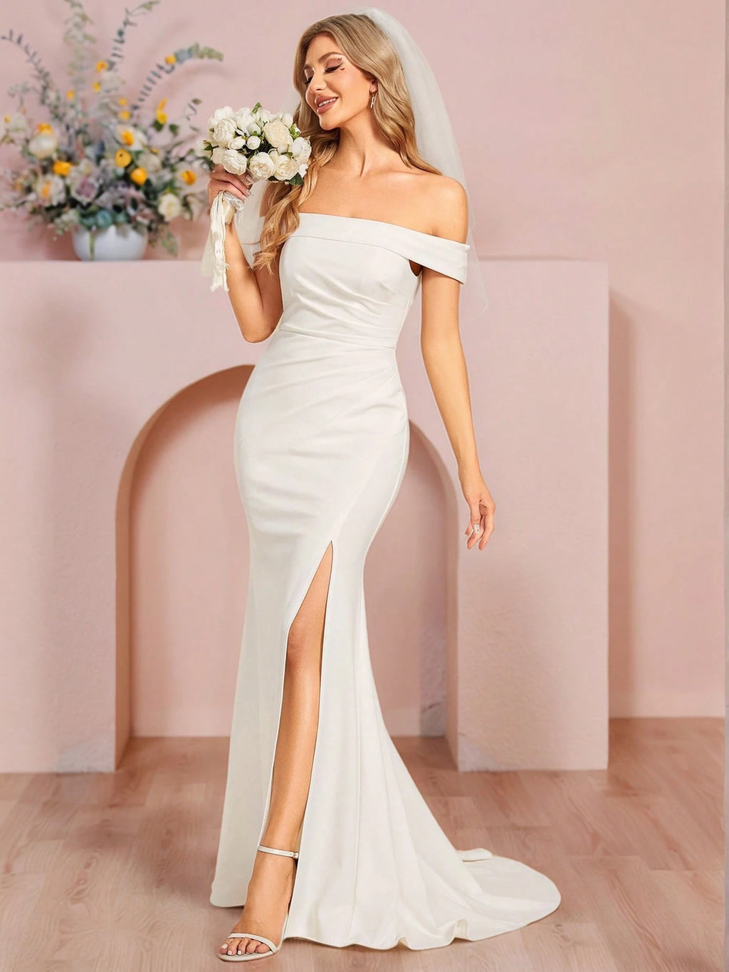 Sexy Off-Shoulder High Slit Mermaid Wedding Dress White Elegant Bridal Dress - image 18