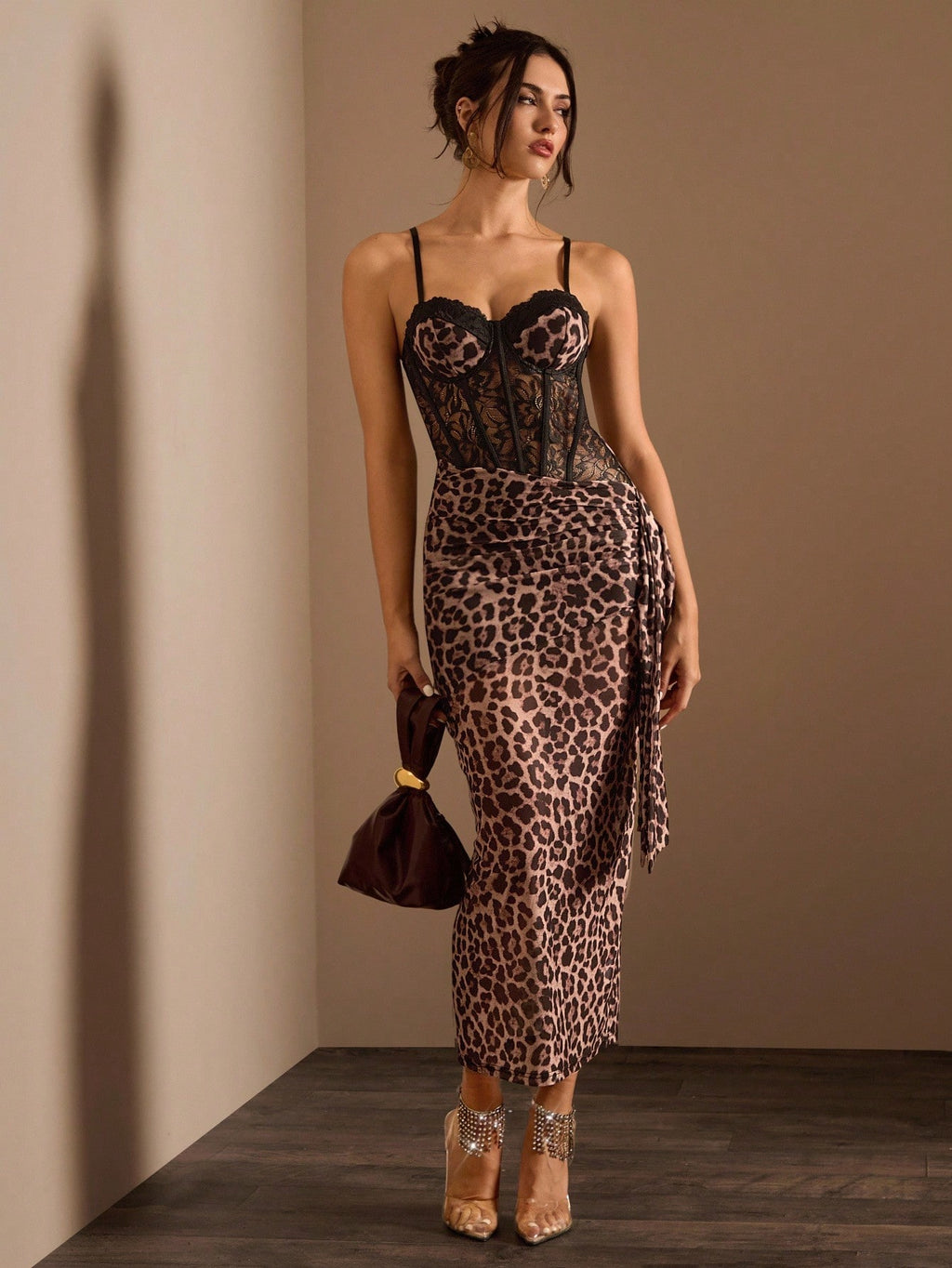 Glamine Sexy Elegant Lace & Leopard Print Asymmetric Waist See-Through Fish Bone Crinkle Detail One-Sided - image 9