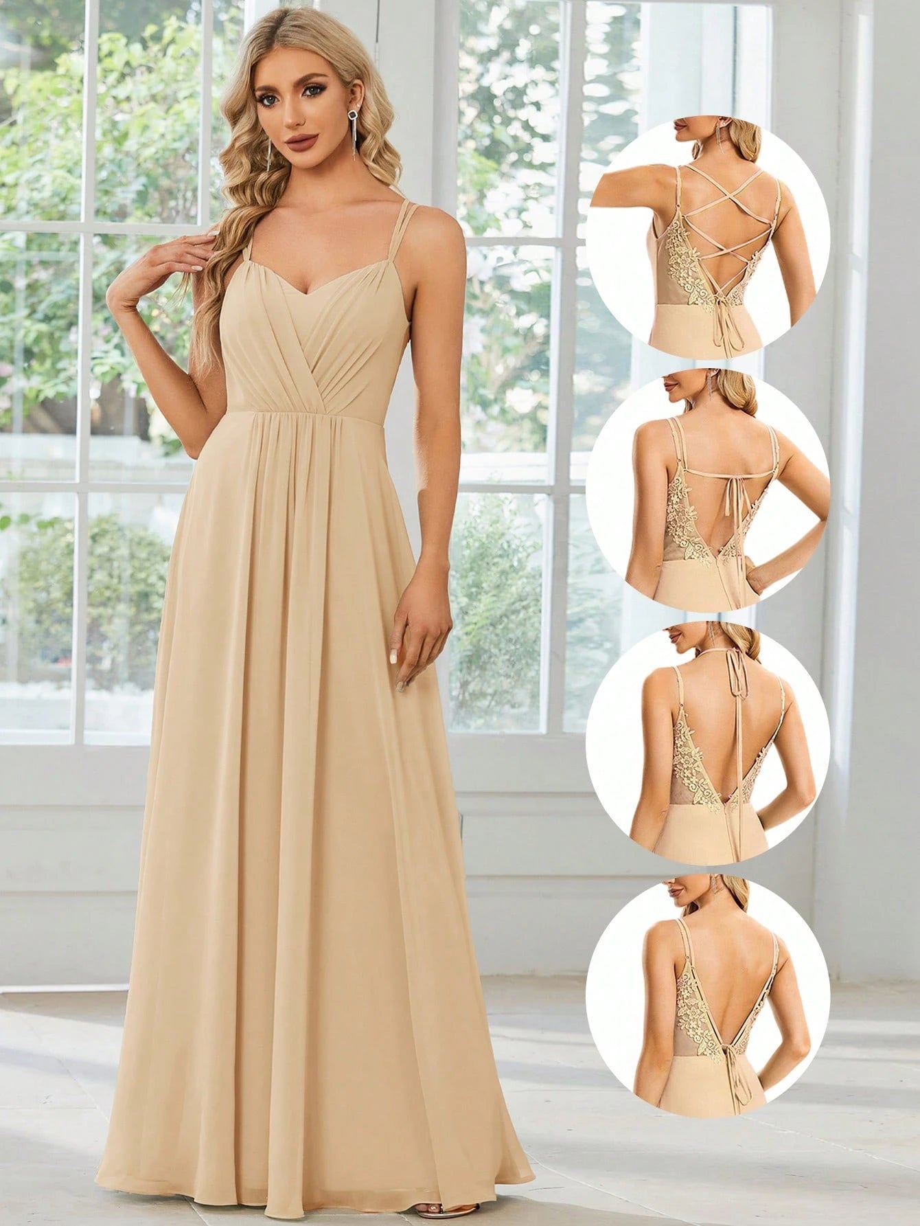 EVERPRETTY Elegant Chiffon Backless Floral Embroidered Sage Green