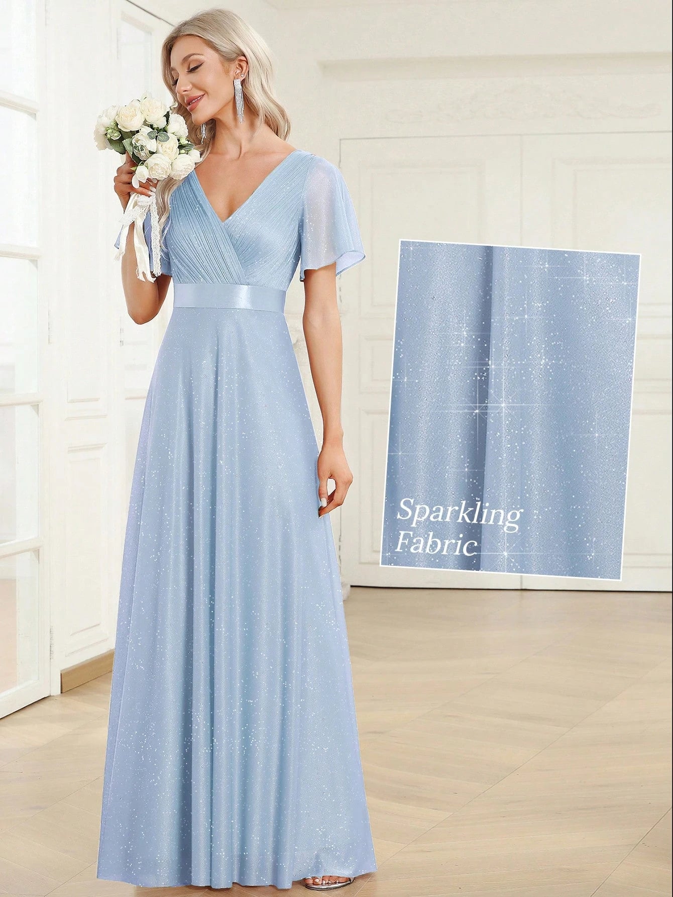 EVERPRETTY Elegant V-Neck Ruffle Sequin Bridesmaid Dress, Formal Evening Gown Wedding Spring - image 18