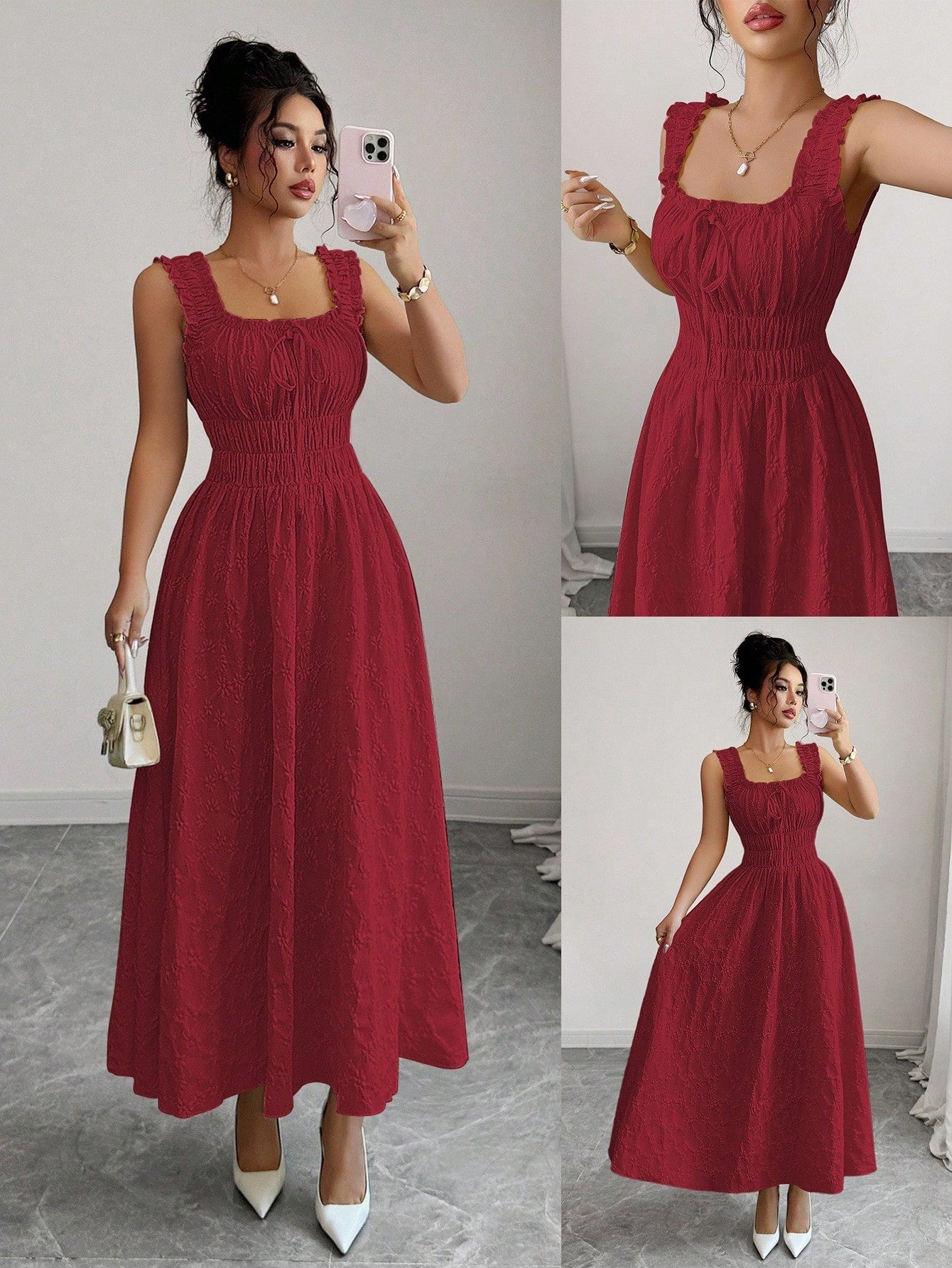 Elenzga New Woven Texture Floral Fabric Dress For Women, Spaghetti Strap Bowknot Design Waist Gathering - image 11