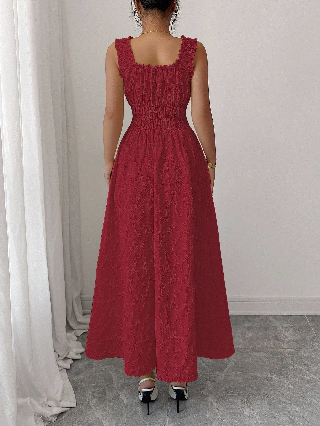 Elenzga New Woven Texture Floral Fabric Dress For Women, Spaghetti Strap Bowknot Design Waist Gathering - image 12
