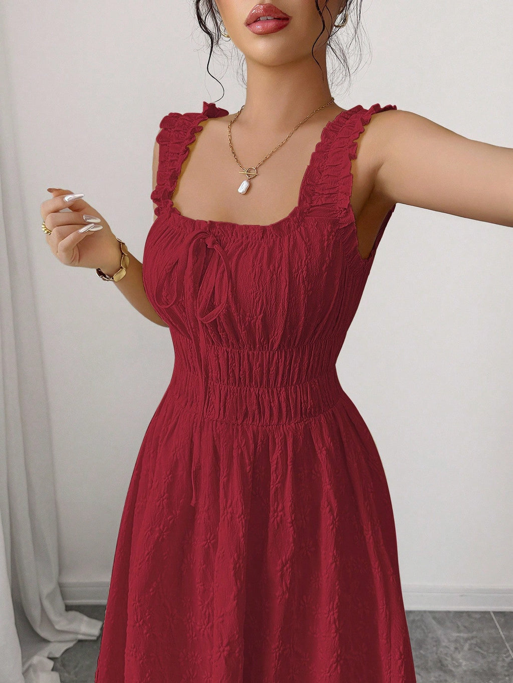 Elenzga New Woven Texture Floral Fabric Dress For Women, Spaghetti Strap Bowknot Design Waist Gathering - image 13