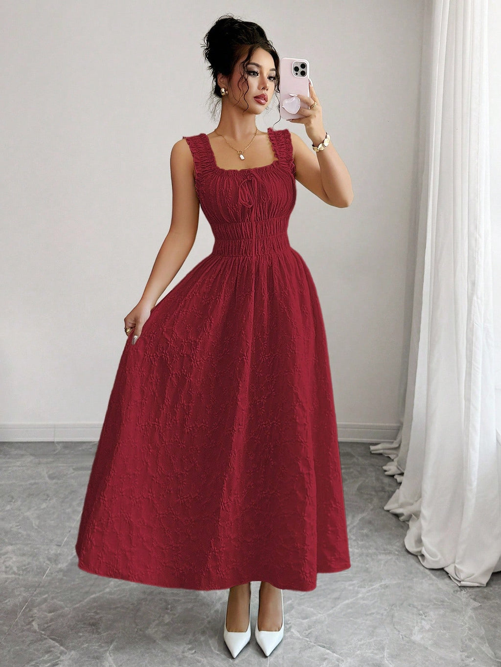 Elenzga New Woven Texture Floral Fabric Dress For Women, Spaghetti Strap Bowknot Design Waist Gathering - image 14
