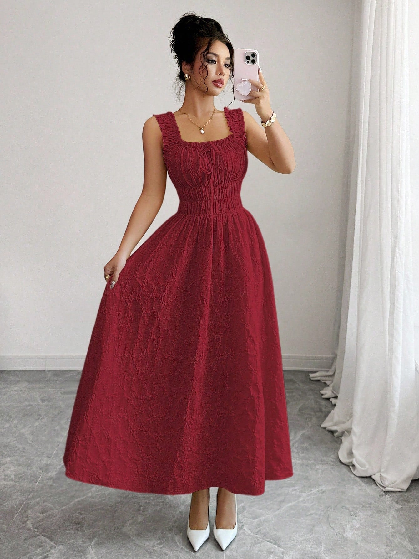 Elenzga New Woven Texture Floral Fabric Dress For Women, Spaghetti Strap Bowknot Design Waist Gathering - image 14