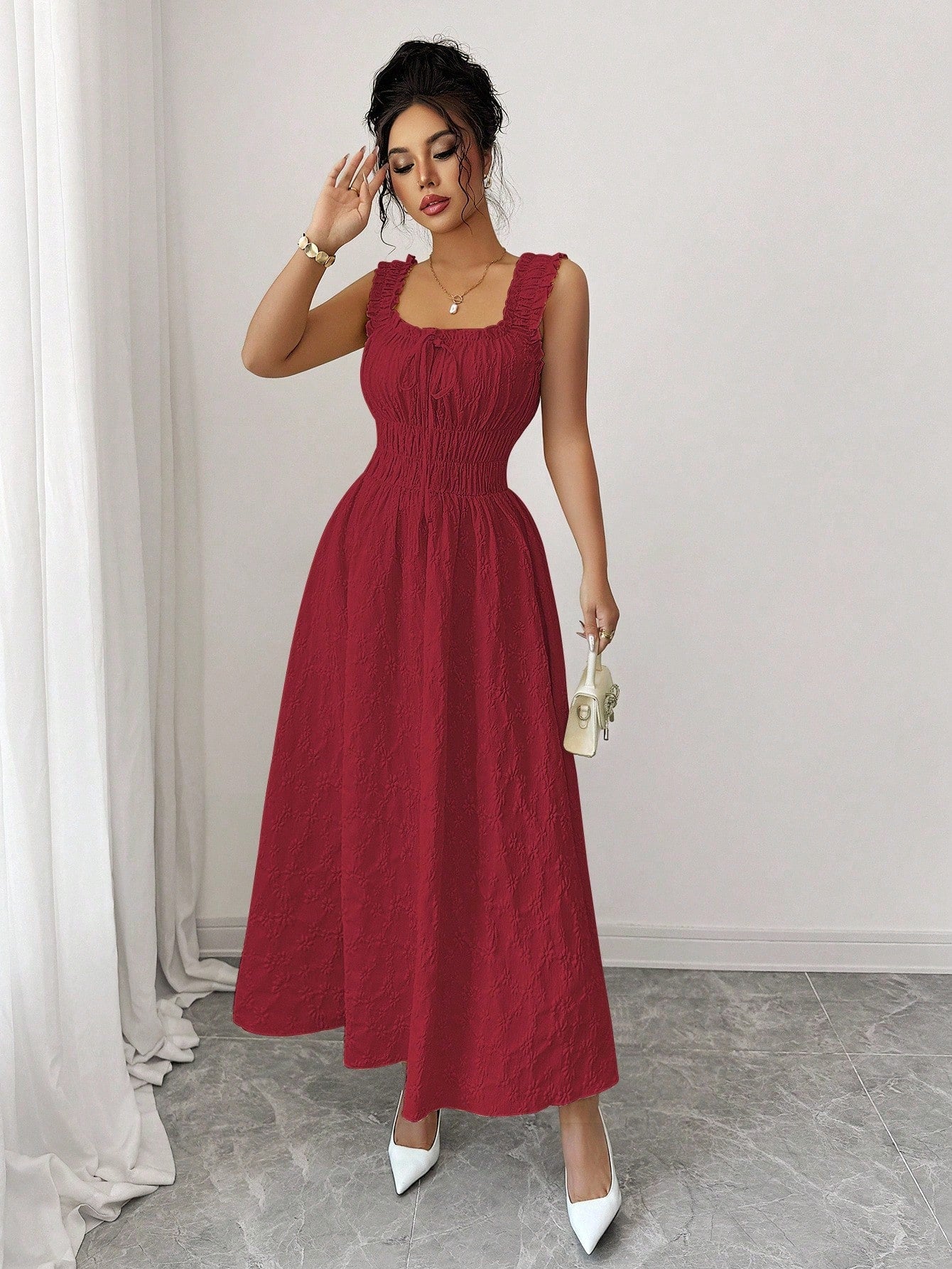Elenzga New Woven Texture Floral Fabric Dress For Women, Spaghetti Strap Bowknot Design Waist Gathering - image 15